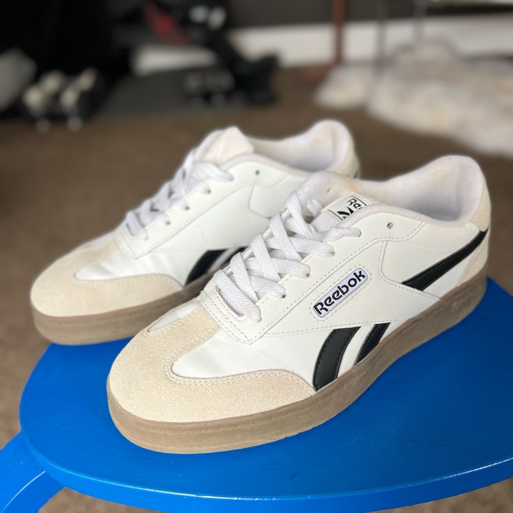 Reebok Men's White and Black Sneakers with Tan Accents